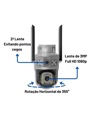 Câmera de Segurança WiFi Externa, Full HD 3MP, Dupla Lente, IP66 à Prova D'água, Rotação 360°