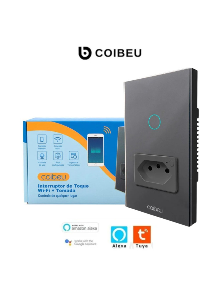 Interruptor Touch Inteligente 1 Botão com Tomada Wi-fi Coibeu Preto - 4x2