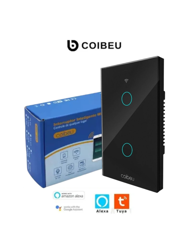 Interruptor Touch Inteligente 2 Botões Wi-fi Coibeu Preto - 4x2