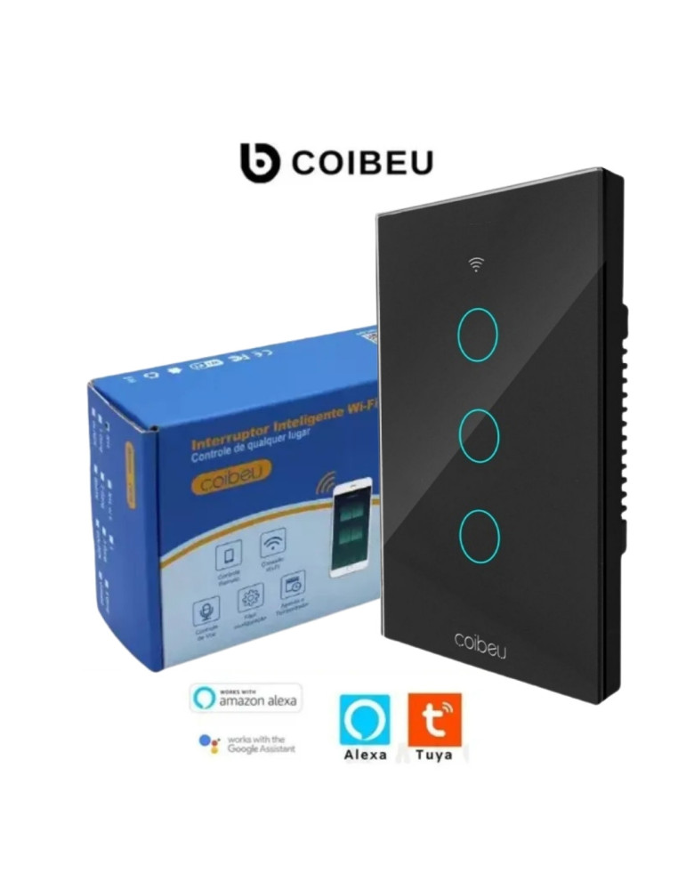 Interruptor Touch Inteligente 3 Botões Wi-fi Coibeu Preto - 4x2