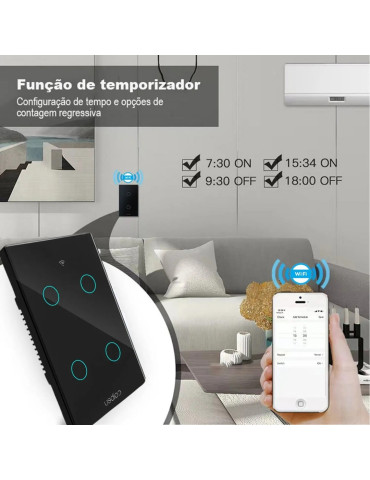 Interruptor Touch Inteligente 4 Botões Wi-fi Coibeu Preto - 4x2