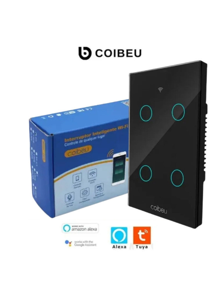 Interruptor Touch Inteligente 4 Botões Wi-fi Coibeu Preto - 4x2