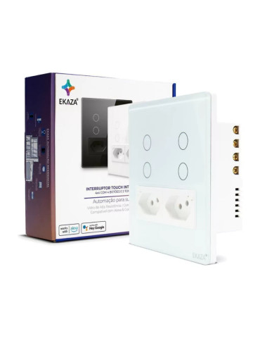 Interruptor Touch Inteligente 4 Botões Com Tomada Wi-Fi Ekaza Tuya Branco - 4x4