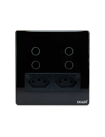 Interruptor Touch Inteligente 4 Botões Com Tomada Wi-Fi Ekaza Tuya Preto - 4x4