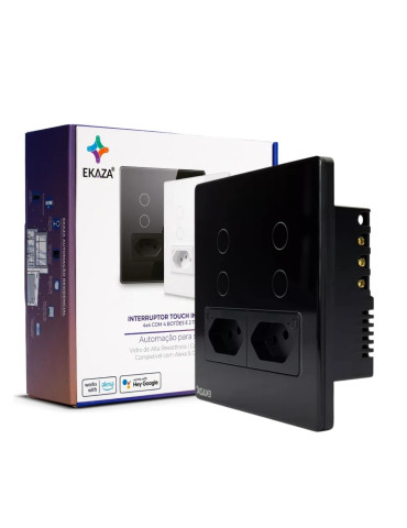 Interruptor Touch Inteligente 4 Botões Com Tomada Wi-Fi Ekaza Tuya Preto - 4x4