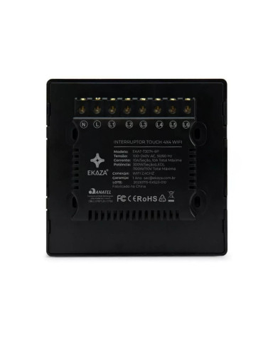 Interruptor Touch Inteligente 6 Botões Wi-Fi Ekaza Tuya Preto - 4x4