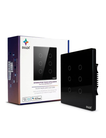 Interruptor Touch Inteligente 6 Botões Wi-Fi Ekaza Tuya Preto - 4x4