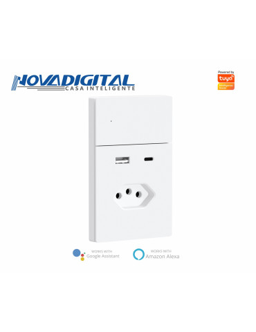 Interruptor Inteligente 1 Botão Com Tomada USB-C Físico Zigbee Safira Nova Digital Full Press Cinza e Branco - 4x2