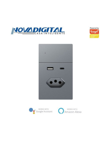 Interruptor Inteligente 1 Botão Com Tomada + USB C Físico Zigbee Safira Nova Digital Full Switch Cinza - 4x2
