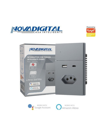 Interruptor Inteligente 1 Botão Com Tomada + USB C Físico Zigbee Safira Nova Digital Full Switch Cinza - 4x2