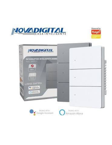 Interruptor Inteligente 3 Botões Físico Zigbee Safira Nova Digital Full Press Cinza e Branco - 4x2
