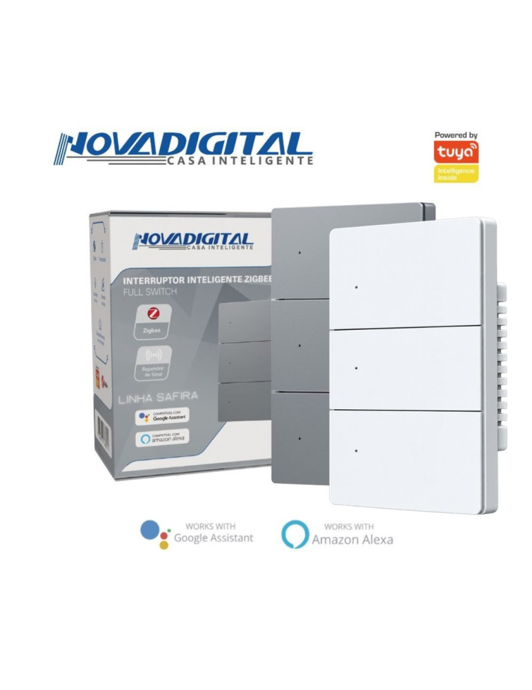 Interruptor Inteligente 3 Botões Físico Zigbee Safira Nova Digital Full Press Cinza e Branco - 4x2