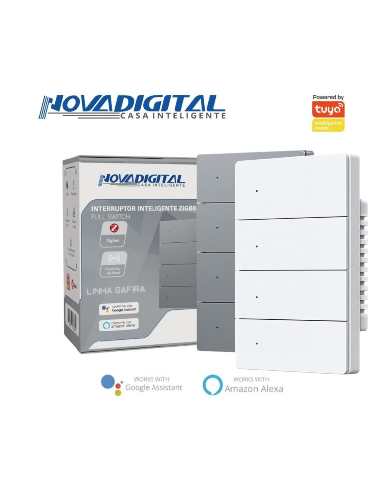 Interruptor Inteligente 4 Botões Físico Zigbee Safira Nova Digital Full Press Cinza e Branco - 4x2