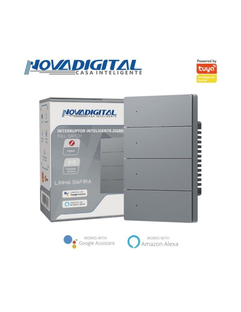 Interruptor Inteligente 4 Botões Físico Zigbee Safira Nova Digital Full Switch Cinza - 4x2
