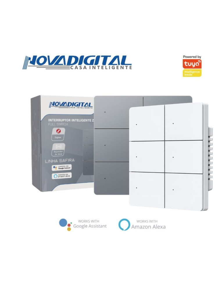 Interruptor Inteligente 6 Botões Físico Zigbee Safira Nova Digital Full Press Cinza e Branco - 4x4