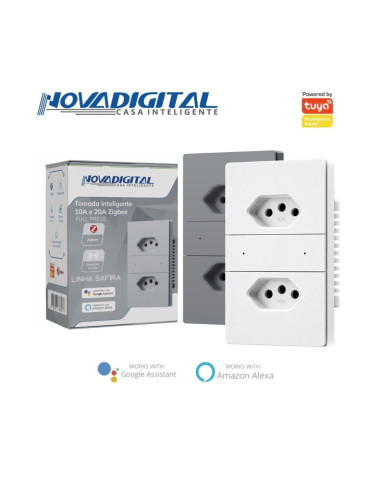 Tomada Dupla Inteligente Zigbee Full Press Safira 10A e 20A Cinza e Branco Nova Digital 4x2
