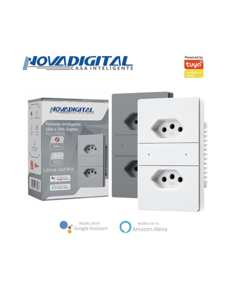 Tomada Dupla Inteligente Zigbee Full Press Safira 10A e 20A Cinza e Branco Nova Digital 4x2