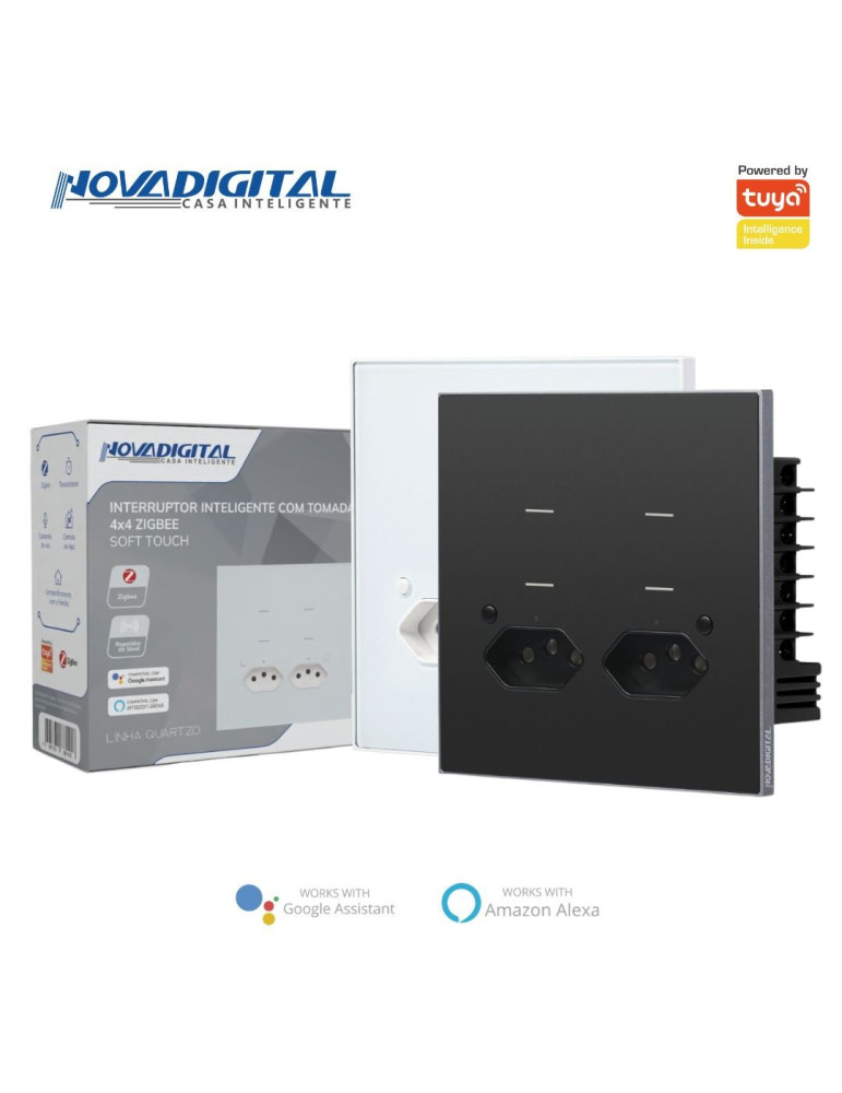 Interruptor Inteligente 4 Botões Soft Touch com Tomada Quartzo Zigbee Nova Digital 4x4 Interruptor Inteligente 4 Botões Soft Touch com Tomada Quartzo Zigbee Nova Digital 4x4