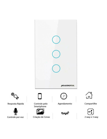 Interruptor Inteligente Touch Zigbee 3 Botões Branco Nova Digital - 4x2