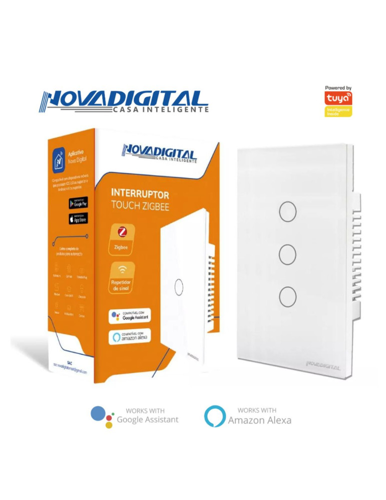 Interruptor Inteligente Touch Zigbee 3 Botões Branco Nova Digital - 4x2