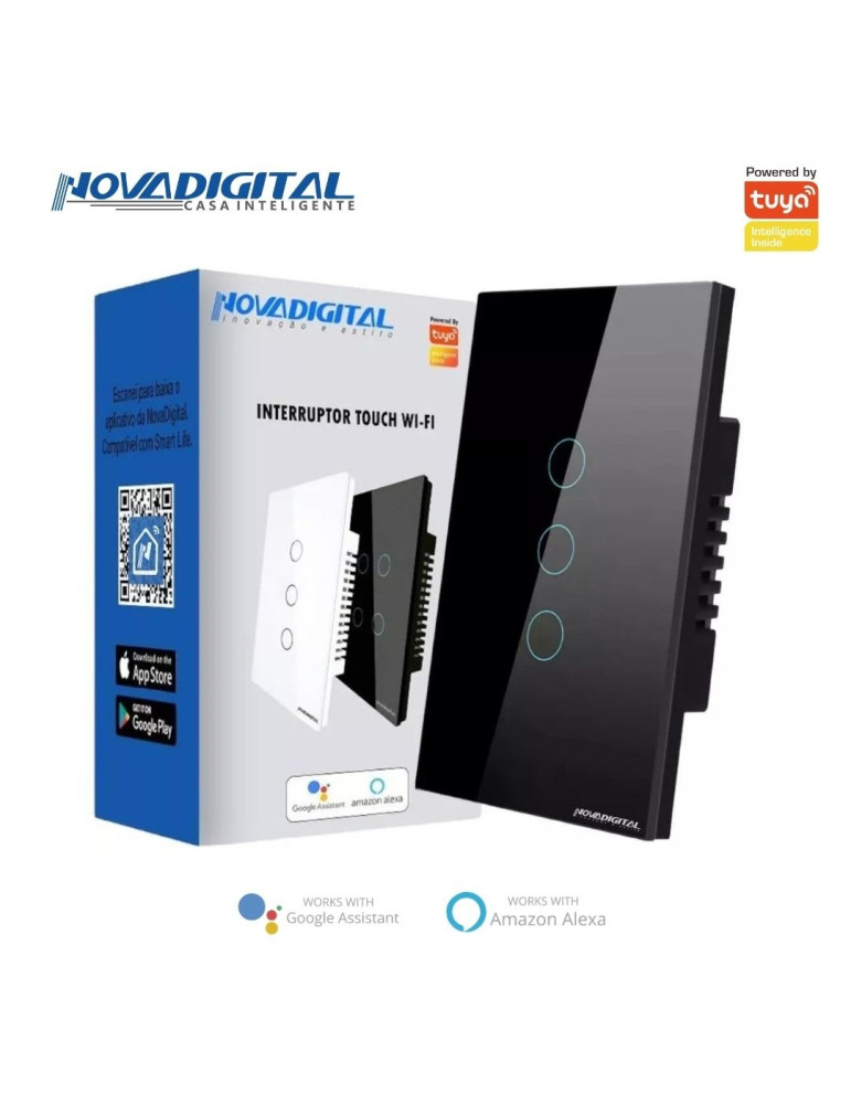 Interruptor Inteligente Touch 3 Botões Preto Nova Digital - 4x2