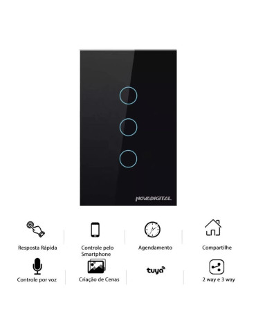 Interruptor Inteligente Touch 3 Botões Preto Nova Digital - 4x2