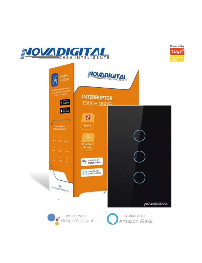 Interruptor Inteligente Touch Zigbee 3 Botões Preto Nova Digital - 4x2