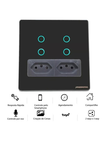 Interruptor Inteligente Touch Zigbee 4 Botões Preto com 2 Tomadas 20A Nova Digital - 4x4