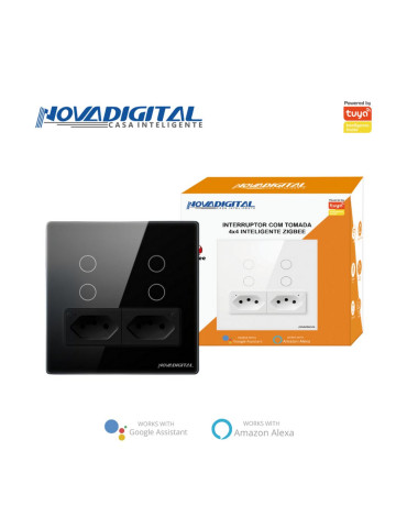 Interruptor Inteligente Touch Zigbee 4 Botões Preto com 2 Tomadas 20A Nova Digital - 4x4
