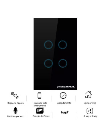 Interruptor Inteligente Touch Zigbee 4 Botões Preto Nova Digital - 4x2