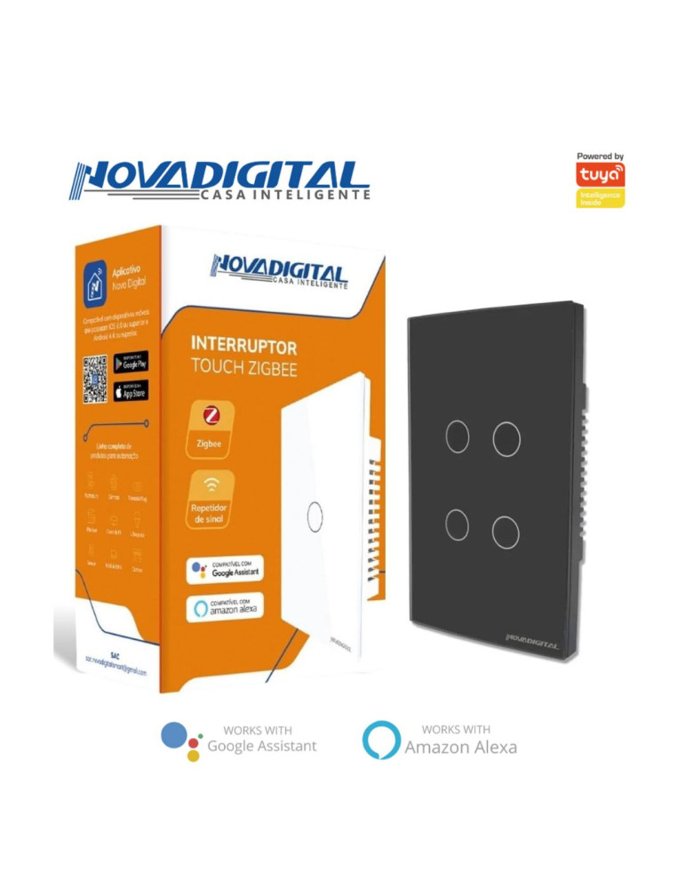 Interruptor Inteligente Touch Zigbee 4 Botões Preto Nova Digital - 4x2