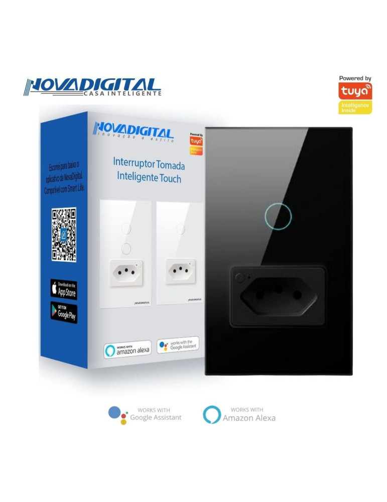 Interruptor Inteligente Touch 1 Botão Preto com Tomada 20A Nova Digital - 4x2