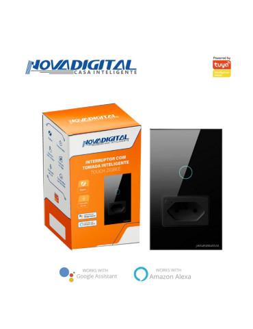 Interruptor Inteligente Touch Zigbee 1 Botão Preto com Tomada 20A Nova Digital - 4x2