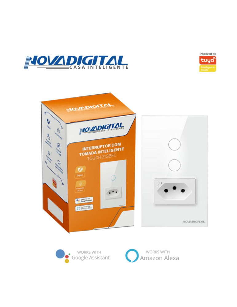 Interruptor Inteligente Touch Zigbee 2 Botões Branco com Tomada 20A Nova Digital - 4x2