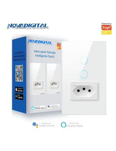 Interruptor Inteligente Touch 2 Botões Branco com Tomada 20A Nova Digital - 4x2