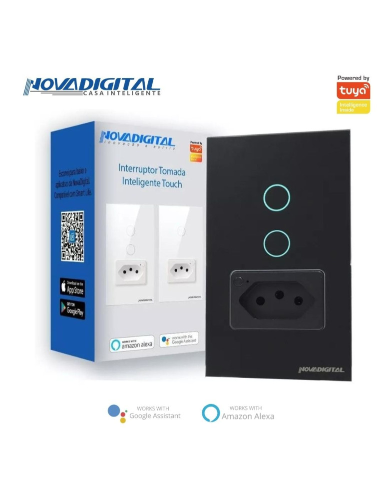 Interruptor Inteligente Touch 2 Botões Preto com Tomada 20A Nova Digital - 4x2