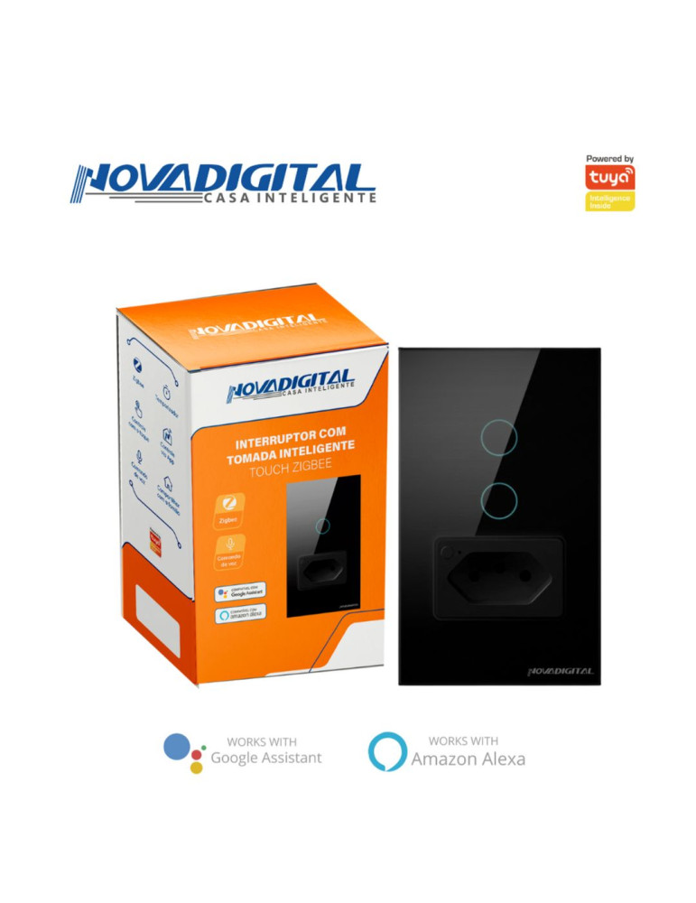 Interruptor Inteligente Touch Zigbee 2 Botões Preto com Tomada 20A Nova Digital - 4x2