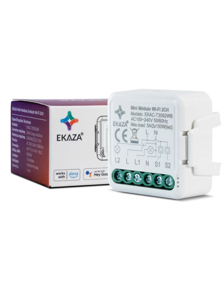 Interruptor Mini Módulo Wi-fi Paralelo Bluetooth 2 Canais Ekaza Alexa e Google
