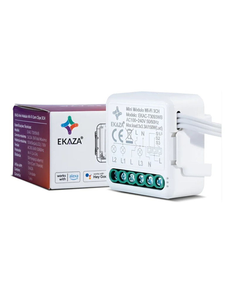 Interruptor Mini Módulo Wi-fi Paralelo Bluetooth 3 Canais Ekaza Alexa e Google