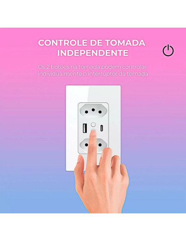 Tomada Inteligente de Parede Dupla 10A Wi-Fi Entrada USB-C Ekaza Branco - 4x2
