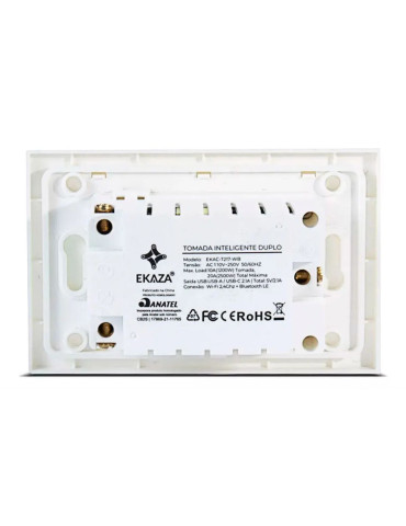 Tomada Inteligente de Parede Dupla 10A Wi-Fi Entrada USB-C Ekaza Branco - 4x2