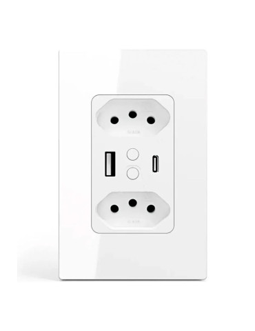 Tomada Inteligente de Parede Dupla 10A Wi-Fi Entrada USB-C Ekaza Branco - 4x2