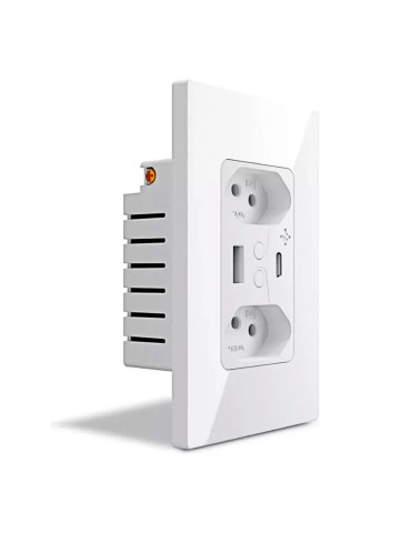 Tomada Inteligente de Parede Dupla 10A Wi-Fi Entrada USB-C Ekaza Branco - 4x2