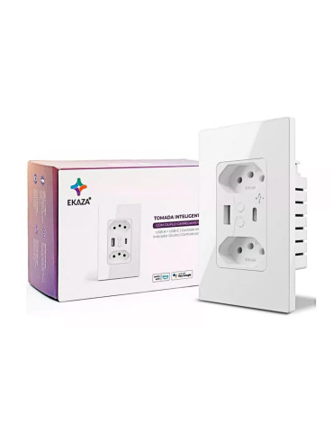 Tomada Inteligente de Parede Dupla 10A Wi-Fi Entrada USB-C Ekaza Branco - 4x2
