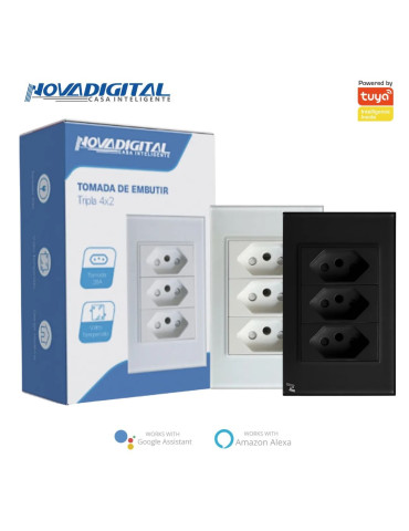 Tomada Tripla de Embutir Sem Wi-fi Branco e Preto Nova digital 4x2