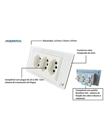 Tomada Tripla de Embutir Sem Wi-fi Branco e Preto Nova digital 4x2