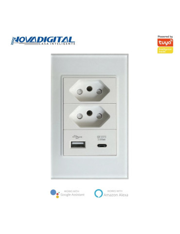 Tomada Dupla de Embutir USB e USB-C Sem Wi-fi Branco e Preto Nova digital 4x2
