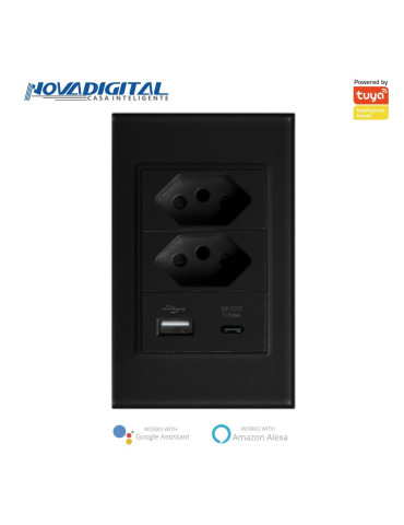 Tomada Dupla de Embutir USB e USB-C Sem Wi-fi Branco e Preto Nova digital 4x2