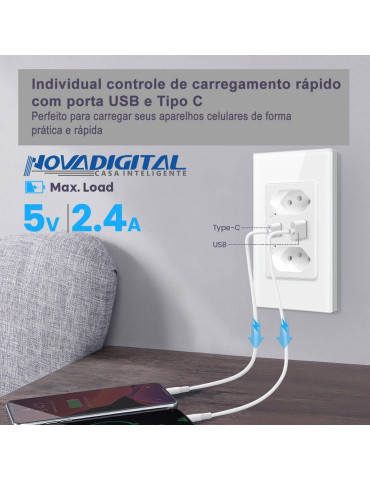 Tomada Dupla Inteligente Branco Wi-fi Com Usb-c Nova digital 4x2