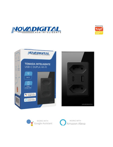 Tomada Dupla Inteligente Wi-fi Preto Com Usb-c Novadigital 4x2